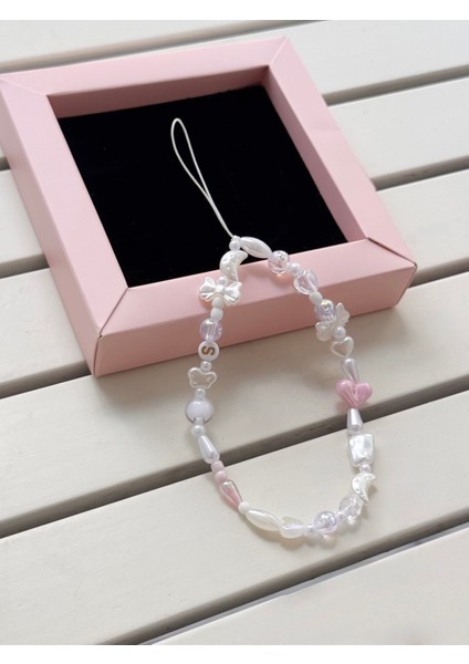 S Harfli Beyaz Pembe Tasarım Telefon Askısı, Fiyonk Telefon Süsü Charm fiyatları
