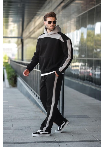 Siyah Kapüşonlu Şerit Detaylı Erkek Eşofman Takımı E7326