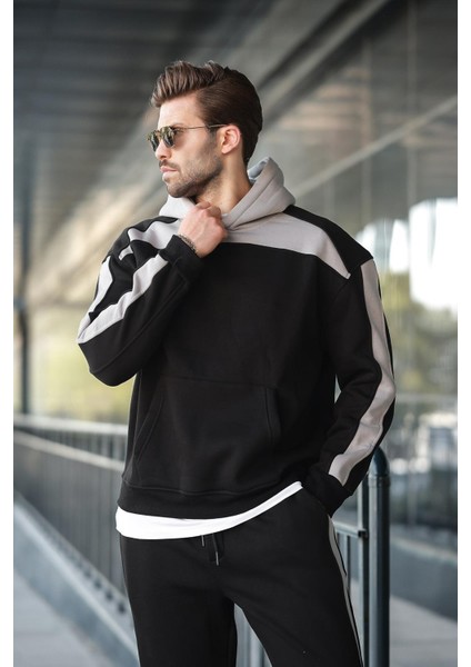 Siyah Kapüşonlu Şerit Detaylı Erkek Eşofman Takımı E7326 fiyatları