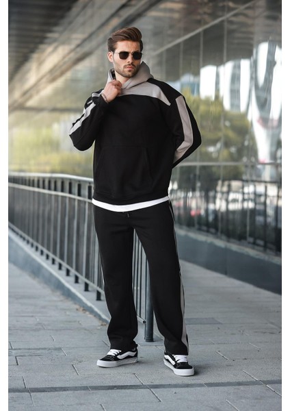 Siyah Kapüşonlu Şerit Detaylı Erkek Eşofman Takımı E7326 indirimleri