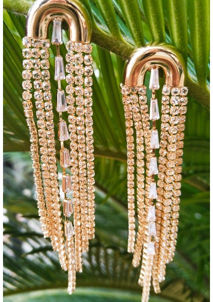 Sarı Renk Zirkon Taşlı Lüks Abiye Küpe