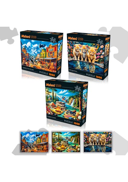 3 Adet 1000 Parça Puzzle - Kamp Ateşi, Aslan Kral Kedi ve Vahşi Batı Kasabası Yapboz 68X48 cm