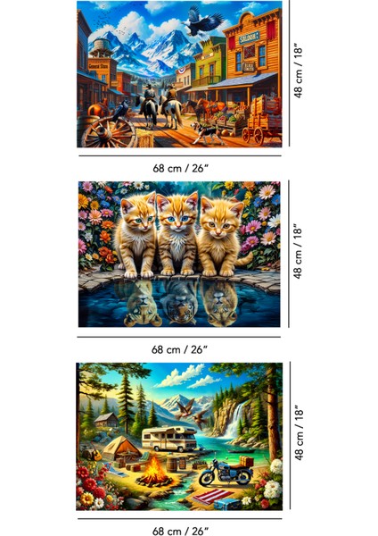 3 Adet 1000 Parça Puzzle - Kamp Ateşi, Aslan Kral Kedi ve Vahşi Batı Kasabası Yapboz 68X48 cm