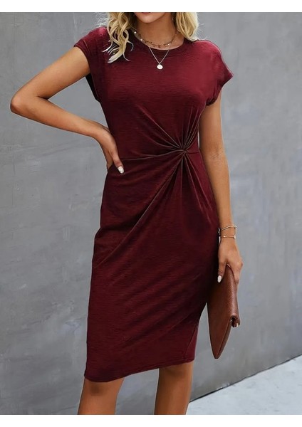 Kadın Kısa Kollu Bisiklet Yaka Yandan Büzgülü Midi Viskon Elbise