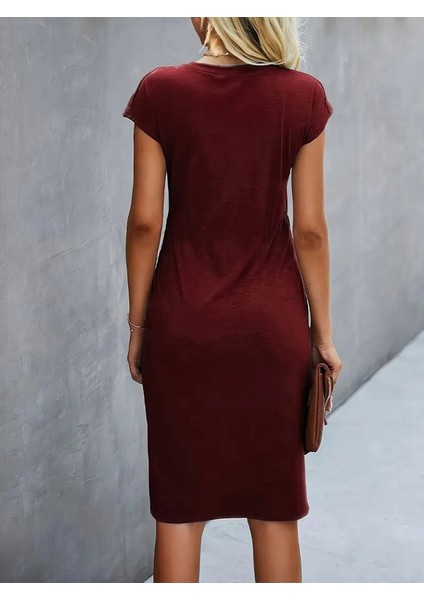 Kadın Kısa Kollu Bisiklet Yaka Yandan Büzgülü Midi Viskon Elbise modelleri