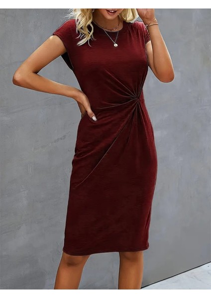 Kadın Kısa Kollu Bisiklet Yaka Yandan Büzgülü Midi Viskon Elbise fırsatları