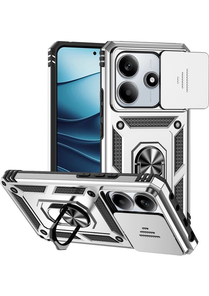 Xiaomi Redmi Note 14 5g Kılıf Pc+Tpu Telefon Kılıfı Lens Korumalı Ayaklı-Gümüş (Yurt Dışından)