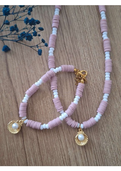 Fimo Boncuk İncili İstiridyeli Kadın Kolye ve Bileklik Set