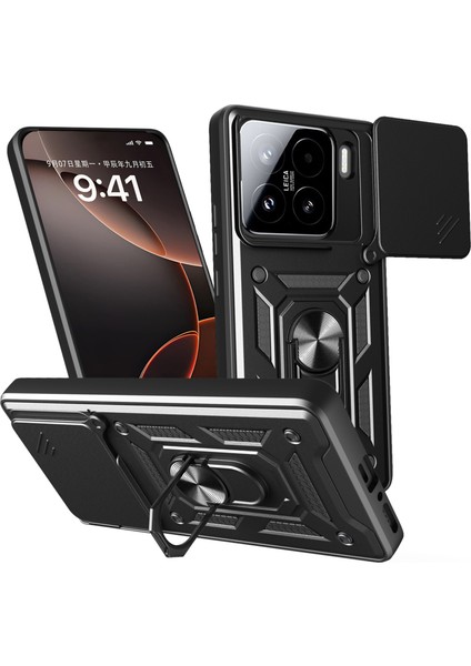 Xiaomi 15 Kılıf Için Kayar Kamera Kapağı Pc + Tpu Kickstand Telefon Kılıfı-Siyah (Yurt Dışından)