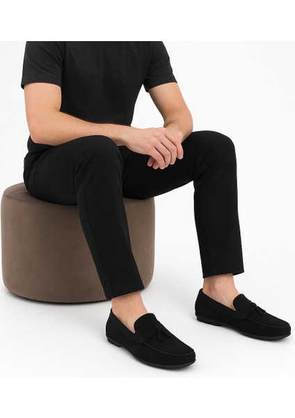 GR0313 Hakiki Süet Deri Saraçlı Rok Model Erkek Püsküllü Siyah Renk Loafer Ayakkabı