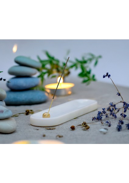 Dyana 30CM Lüks Mermer Tütsülük, Traverten Tütsülük - Pirinç Tütsü Tutacağı - El Işçiliği Özel Mermer Ürün - Beyaz, Gri, Bej, Koyu Gri, Damarlı