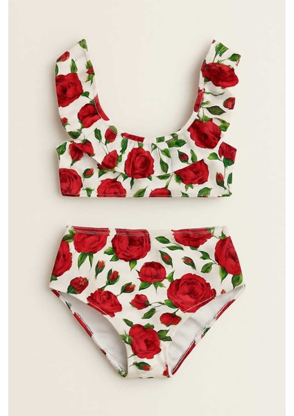 Fırfırlı Baskılı Yüksek Bel Kız Çocuk Mayosu 3-10 Yaş 11929