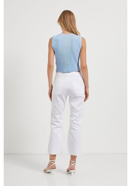 Bisiklet Yaka Piliseli Kolsuz Yumuşak Dokulu Rahat Form Kısa Bluz fiyatları