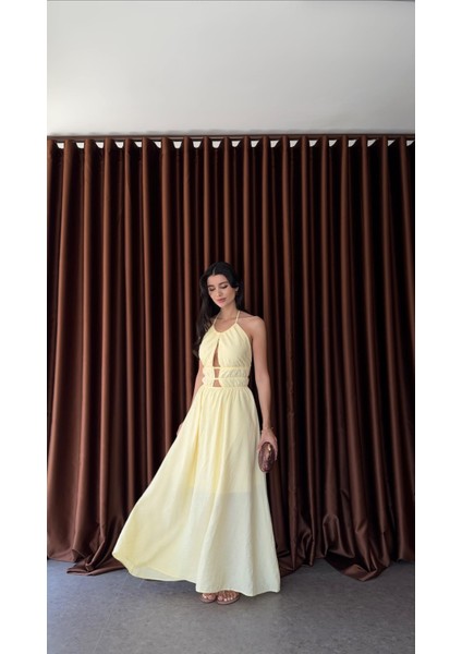 Sırt Gold Detaylı Sarı Elbise