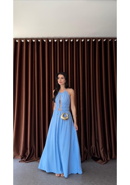 Sırt Gold Detaylı Mavi Elbise