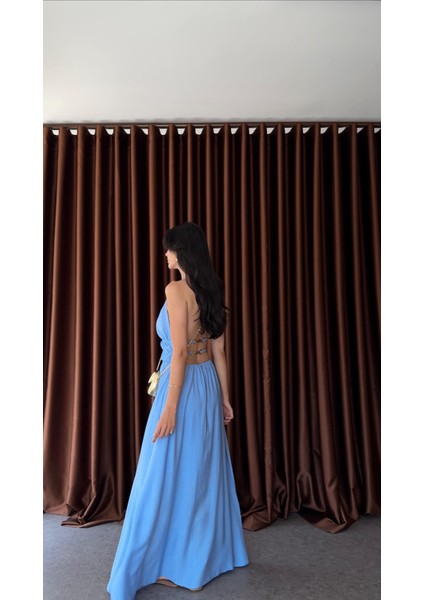 Sırt Gold Detaylı Mavi Elbise fiyatları