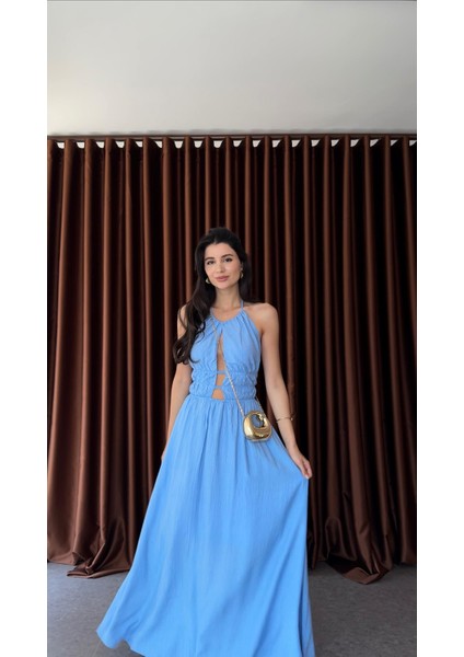 Sırt Gold Detaylı Mavi Elbise modelleri