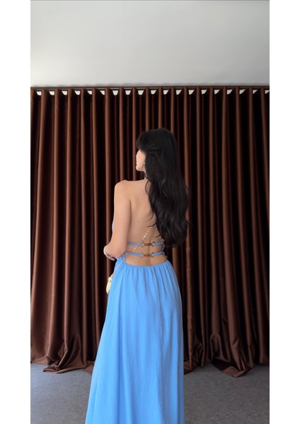 Sırt Gold Detaylı Mavi Elbise fırsatları