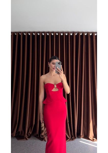 Göğüs Gold Detaylı Kırmızı Elbise