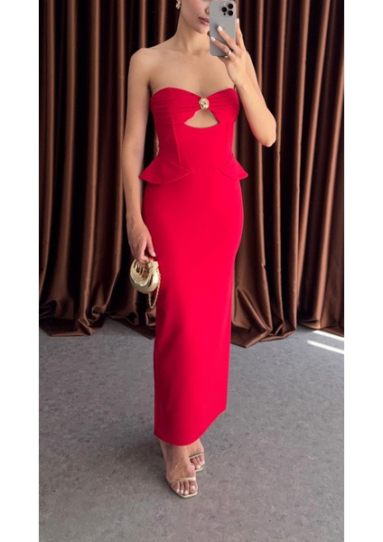 Göğüs Gold Detaylı Kırmızı Elbise modelleri