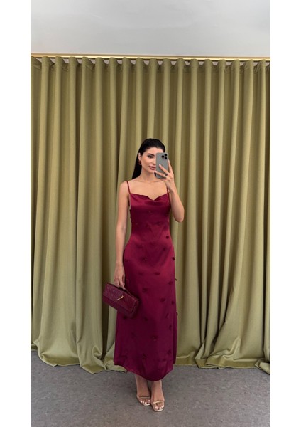 Askılı Çiçekli Bordo Elbise
