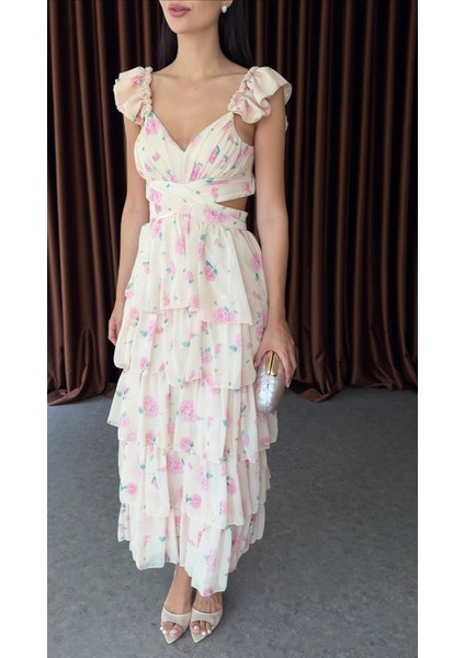 Bel Detaylı Pembe Çiçekli Katlı Elbise modelleri