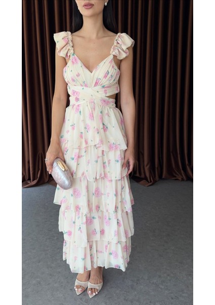 Bel Detaylı Pembe Çiçekli Katlı Elbise indirimleri