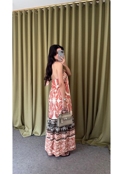 Boyun Bağlamalı Desenli Oranj Elbise fiyatları