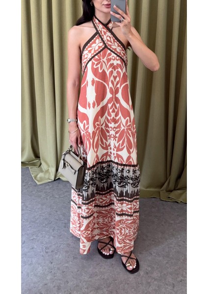 Boyun Bağlamalı Desenli Oranj Elbise modelleri