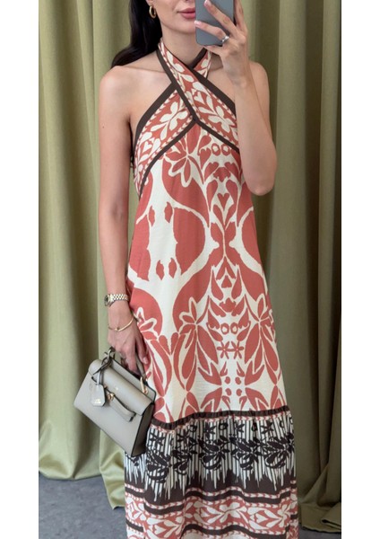 Boyun Bağlamalı Desenli Oranj Elbise indirimleri