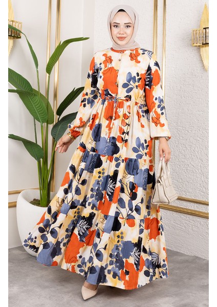 Viskon Kumaş Beli Bağcıklı Elbise 7124-03 Gül Kurusu