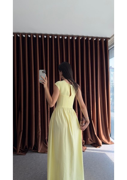 Omuz Detaylı Keten Sarı Elbise fiyatları