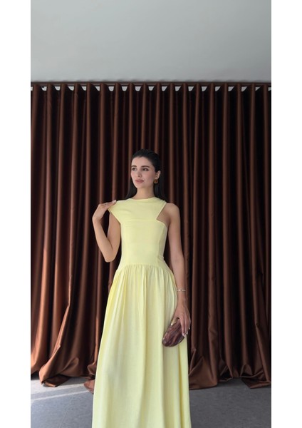 Omuz Detaylı Keten Sarı Elbise modelleri