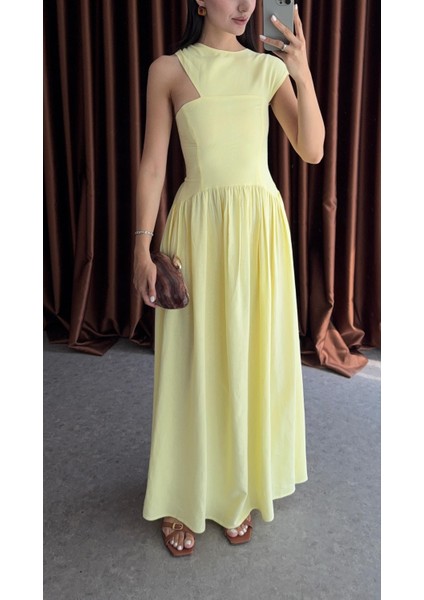 Omuz Detaylı Keten Sarı Elbise indirimleri