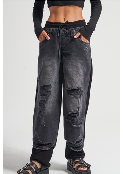 Kadın Tint Haki Lazer Detaylı Skater Jogger Fit Denim Jogger Kot Pantolon Baggy Model