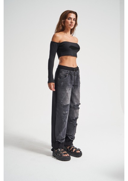 Kadın Tint Haki Lazer Detaylı Skater Jogger Fit Denim Jogger Kot Pantolon Baggy Model fiyatları