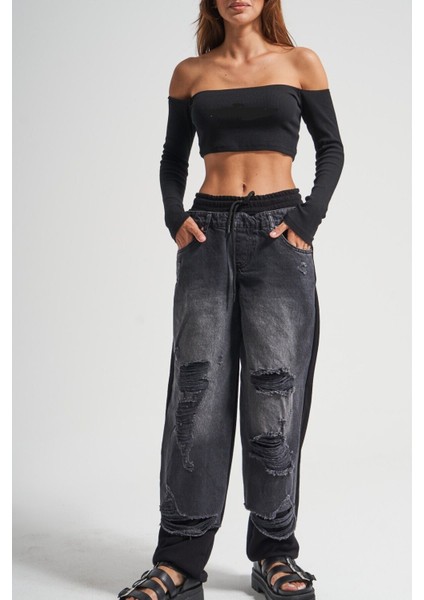 Kadın Tint Haki Lazer Detaylı Skater Jogger Fit Denim Jogger Kot Pantolon Baggy Model modelleri