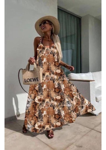 Kadın Dijital Baskılı Suprem Kumaş Askılı Maxi Boy Elbise