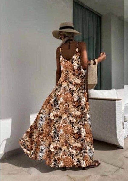 Kadın Dijital Baskılı Suprem Kumaş Askılı Maxi Boy Elbise fiyatları