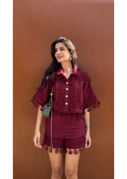 Nakışlı Şort-Gömlek Premium Bordo Takım