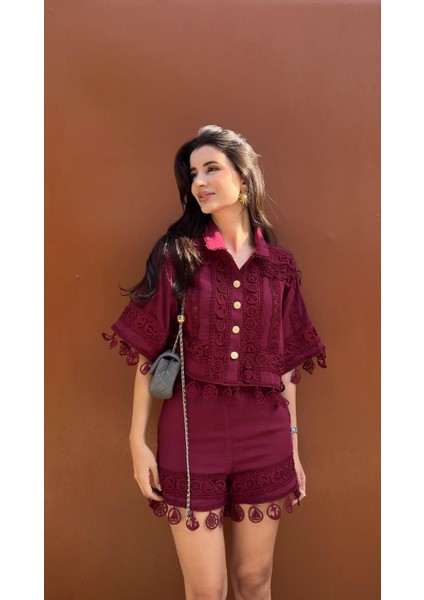 Nakışlı Şort-Gömlek Premium Bordo Takım modelleri