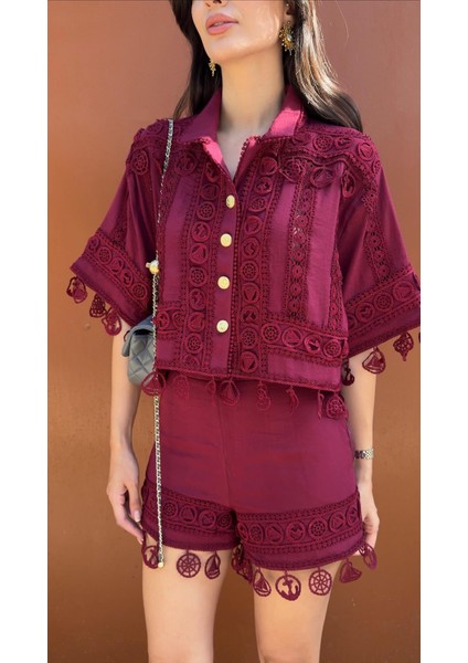 Nakışlı Şort-Gömlek Premium Bordo Takım fırsatları