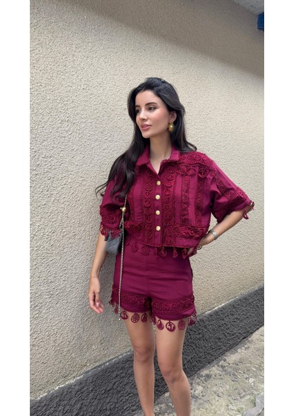 Nakışlı Şort-Gömlek Premium Bordo Takım indirimleri