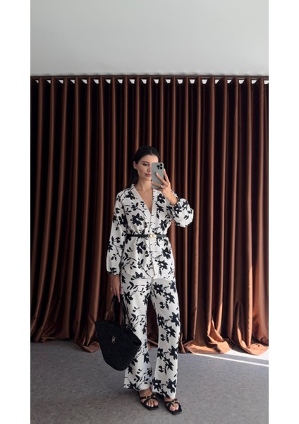 Siyah Çiçek Desenli Keten Takım