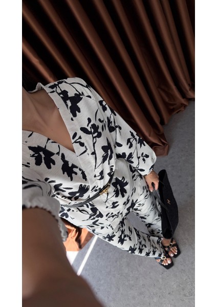 Siyah Çiçek Desenli Keten Takım