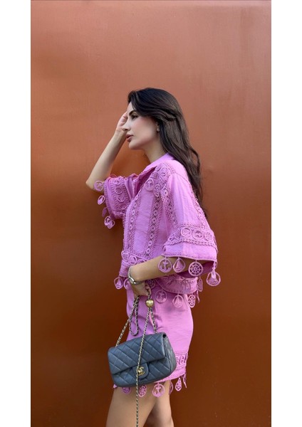 Nakışlı Şort-Gömlek Premium Pembe Takım