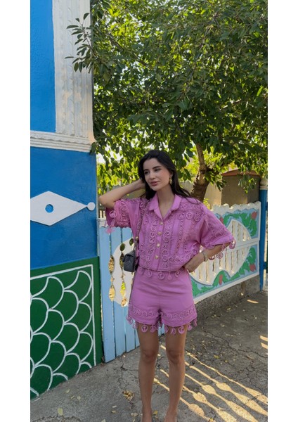 Nakışlı Şort-Gömlek Premium Pembe Takım fiyatları