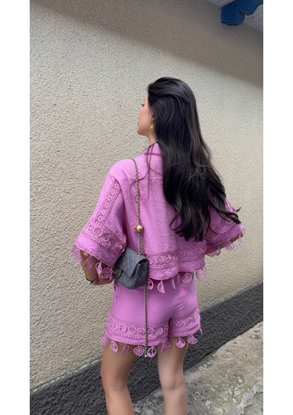 Nakışlı Şort-Gömlek Premium Pembe Takım modelleri