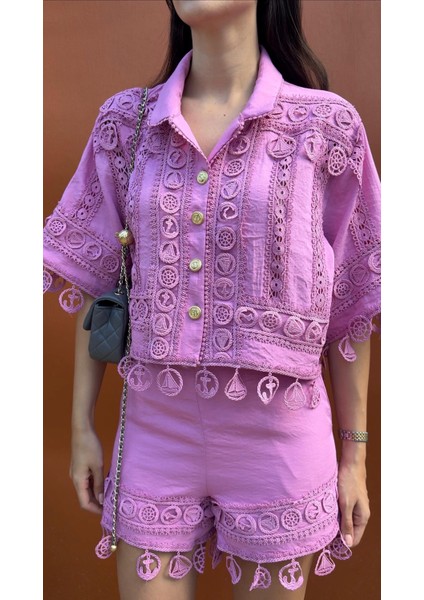 Nakışlı Şort-Gömlek Premium Pembe Takım fırsatları