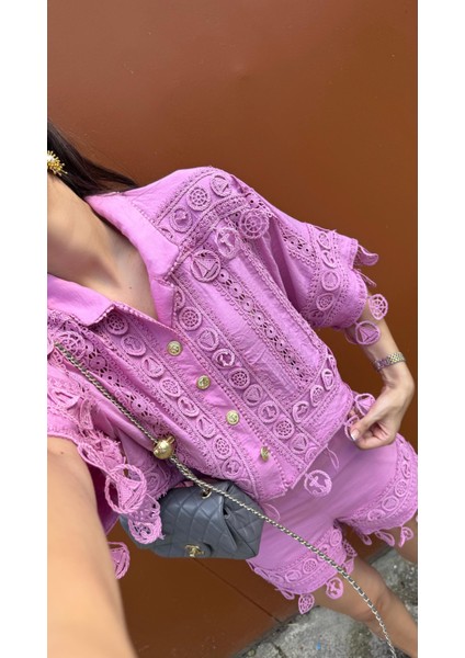 Nakışlı Şort-Gömlek Premium Pembe Takım indirimleri